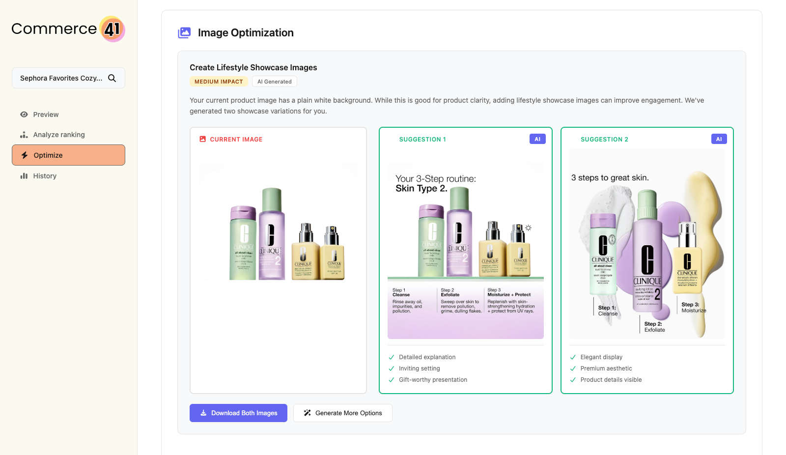 Before and after comparison of product images transformed into AI-optimized infographic-style assets